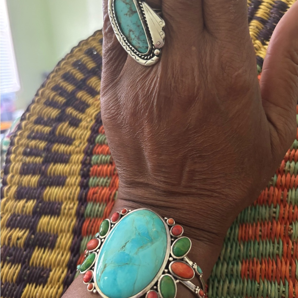 Blue and Orange Statement Cuff Bracelet with Turquoise/wt turquoise ring - Picture 9 of 11
